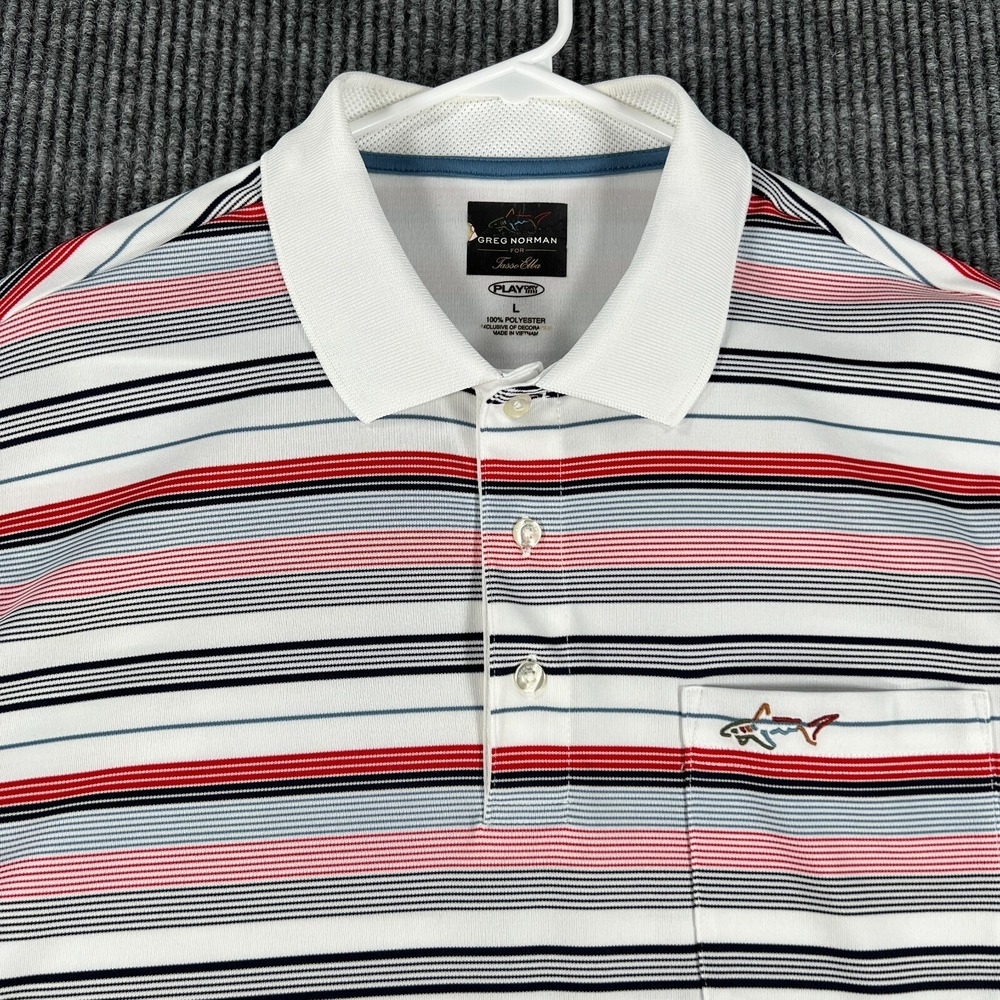 Greg Norman Polo Shirt Mens Large White Striped Short Sleeve Golf Casual Comfort